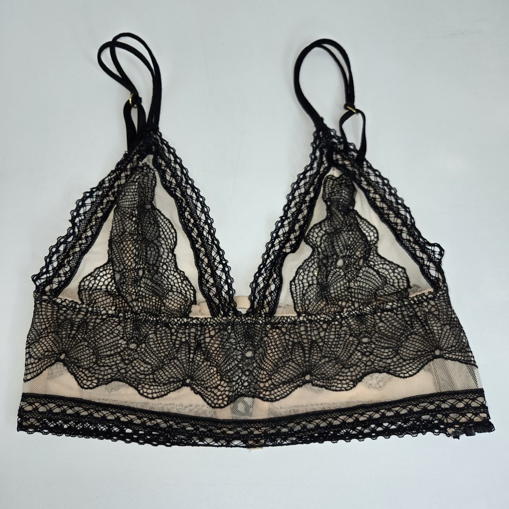 VICTORIA'S SECRET BRALETTE Small Nude Lined Black Lace Side Zip Corset Back